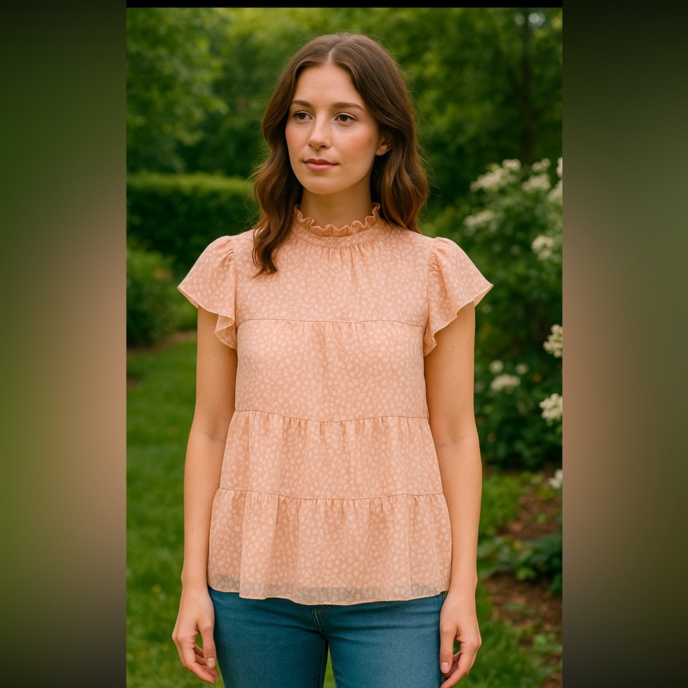 Unbranded Peach Ruffle Baby Doll top| Size S | Sheer Overlay & Lining